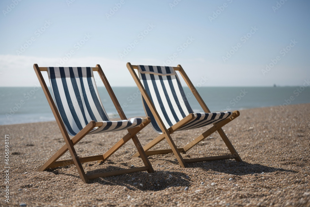deckchairs on a beach, next to the sea, Created using generative AI tools.
