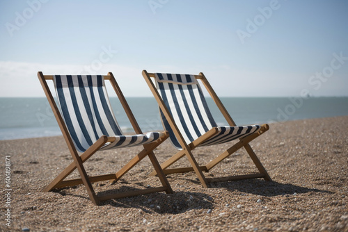 deckchairs on a beach, next to the sea, Created using generative AI tools.