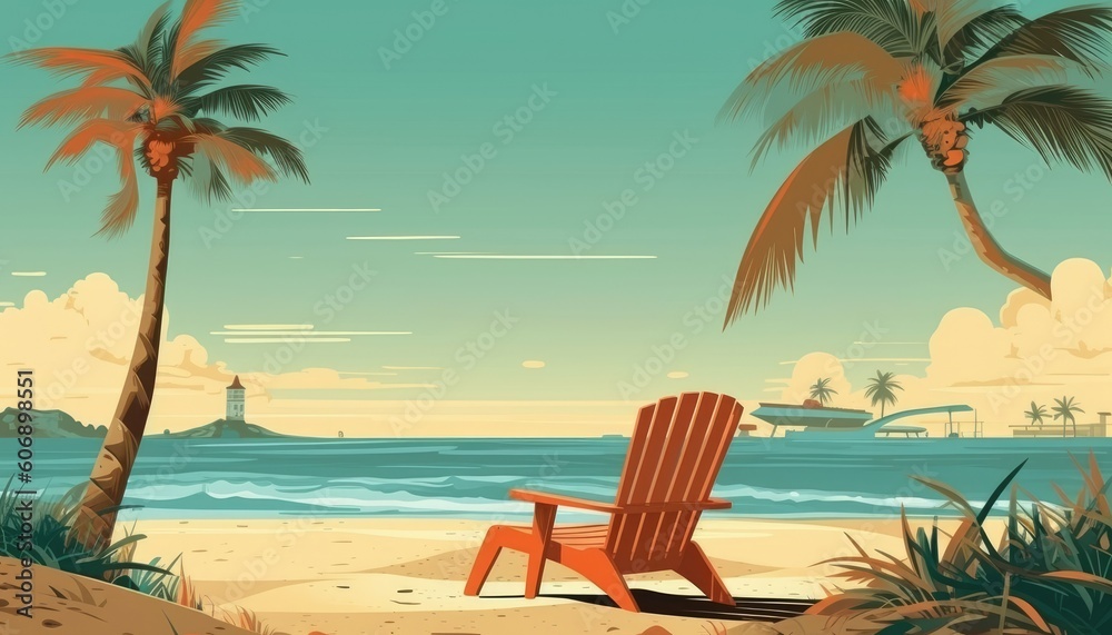 Obraz premium From under a coconut tree is a long beach chair. (Illustration, Generative AI)