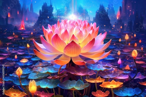 An artwork of a colorful lotus flower in bloom. (Generative AI)