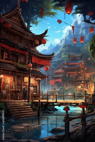 The background for Samurai gaming art environments.  Illustration  Generative AI 