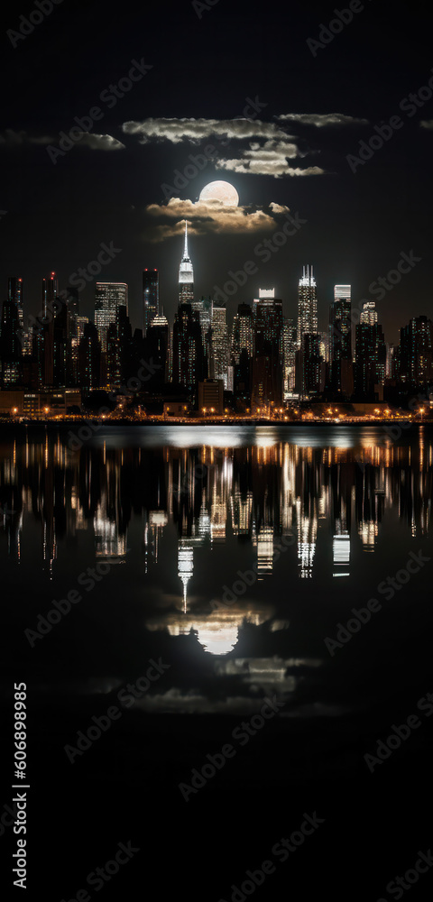 Fototapeta premium night cityscape in the distance with bright lighting over the water. reflection in the water, the moon in the sky. vertical frame.Generative AI