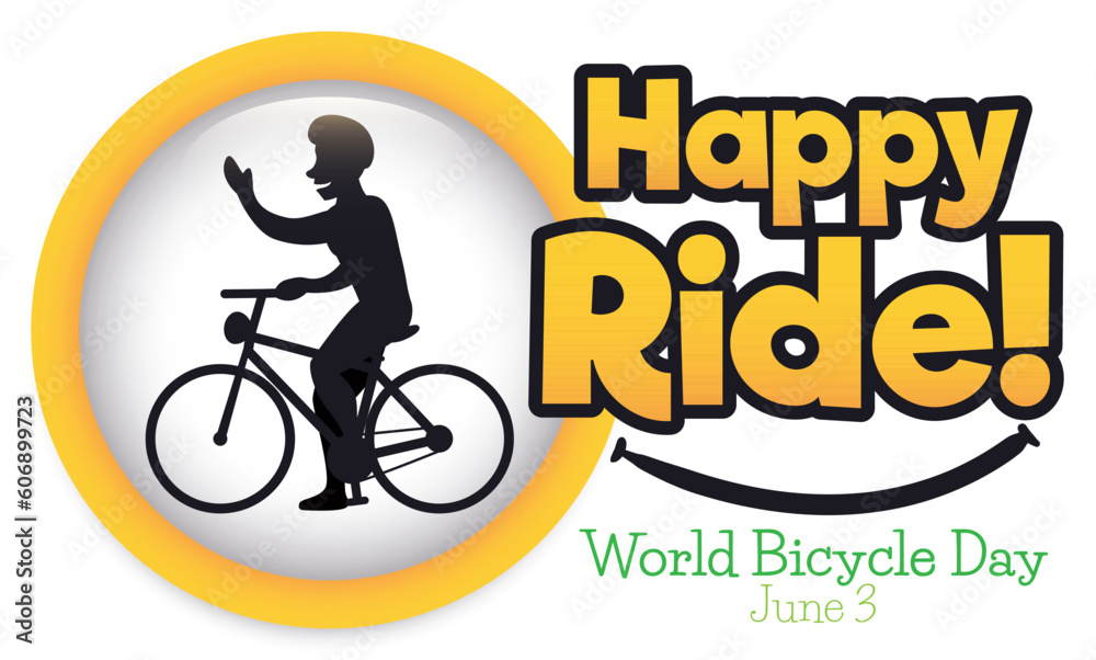 Εκτύπωση καμβά Silhouette of Man on Bike Waving and Promoting World Bicycle Day, Vector Illustr