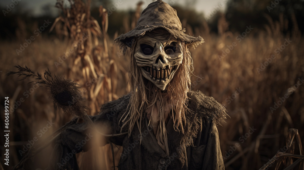 Terrifying scarecrows. Horror background. IA generated.
