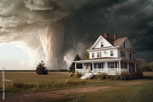 the approach of a huge tornado to a residential building. storm, tornado, natural disaster. the concept of property insurance against accident and natural disaster.Generative AI