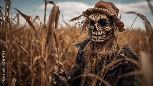 Terrifying scarecrows. Horror background. IA generated. 