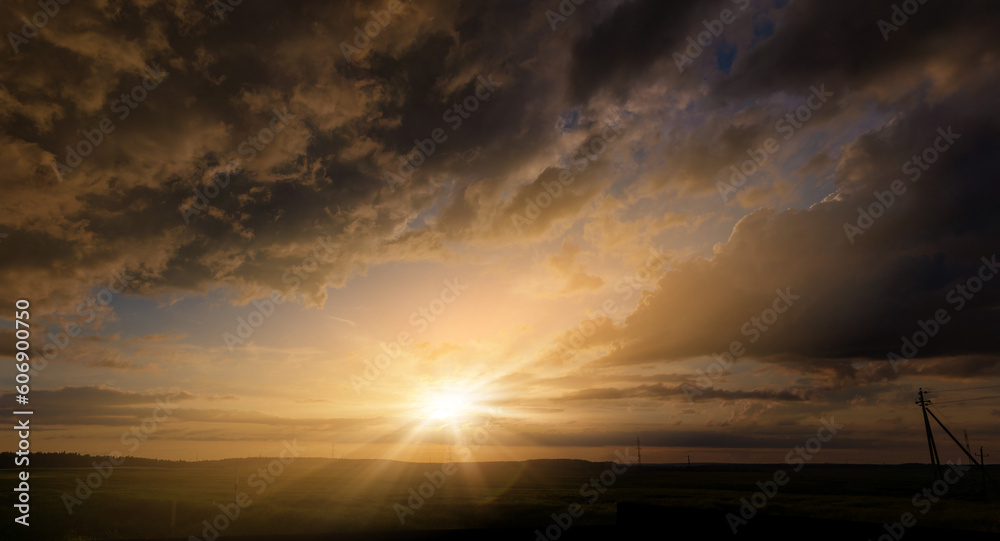 Summer landscape, Sun and sunbeams, sunset sky Summer landscape, Sun and sunbeams, sunset sky