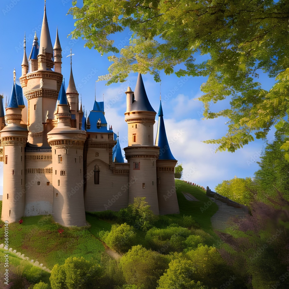 1409 Enchanted Fairy Tale Castle: A magical and enchanting background featuring an enchanted fairy tale castle with turrets, towers, and a whimsical and mystical atmosphere2, Generative AI