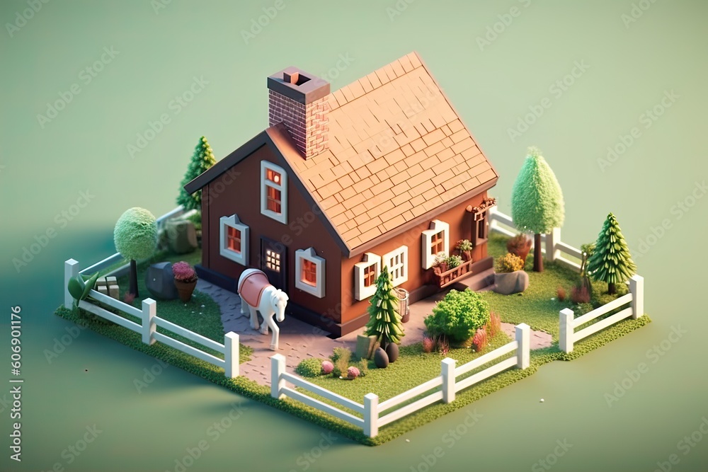Tiny cute isometric horse stable soft smooth lighting soft color illustration Generative AI 