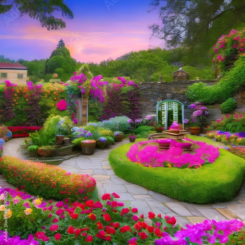 1429 Enchanted Garden: A magical and enchanting background featuring an enchanted garden with blooming flowers, whimsical creatures, and a mystical and ethereal ambiance3, Generative AI photo