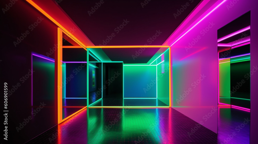 Photography of futuristic rooms with moving neon colors. IA generative. Photography of futuristic rooms with moving neon colors. IA generative.
