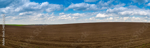 panorama of plowed field and sky, black arable land, agriculture