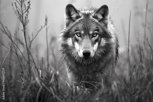 A realistic wolf in its natural habitat, majestic, fierce, wild