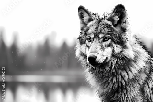 A realistic wolf in its natural habitat, majestic, fierce, wild