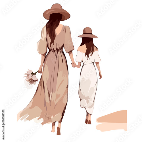 mother daughter walking vector illustration, boho style