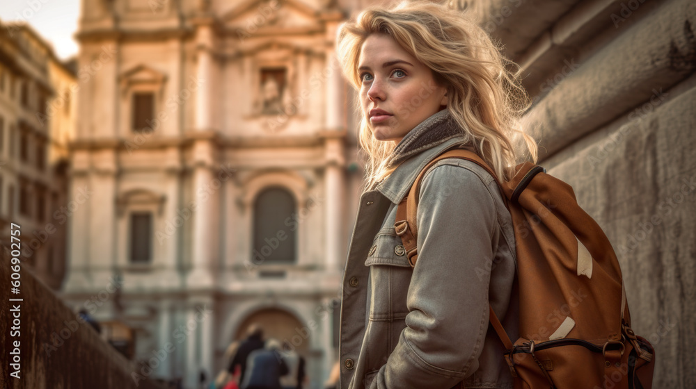 A woman with a backpack standing in front of a building. Generative AI image. A woman with a backpack standing in front of a building. Generative AI image.