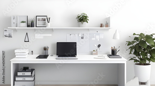 Office interior with furniture. computer with a blank empty white display screen (Generative AI Technology) © Dhananjaya