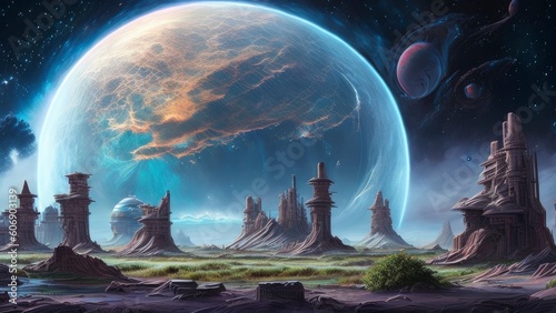 Ancient Alien Civilization Ruins in an Outer World in the Cosmos with Planets, Stars, Galaxies, and Nebules in The Horizen - AI Generative