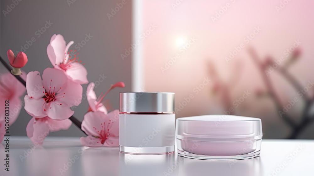 Various glass bottles and jars filled with beauty products on a pale pink background with almond blossoms, natural flowers. generative AI. Various glass bottles and jars filled with beauty products on a pale pink background with almond blossoms, natural flowers. generative AI.