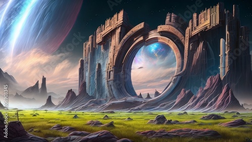 Ancient Alien Civilization Ruins in an Outer World in the Cosmos with Planets, Stars, Galaxies, and Nebules in The Horizen - AI Generative