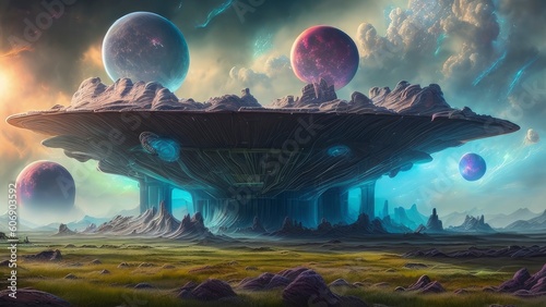 Ancient Alien Civilization Ruins in an Outer World in the Cosmos with Planets, Stars, Galaxies, and Nebules in The Horizen - AI Generative