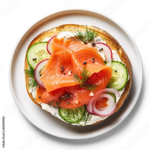 Delicious Bagel with Smoked Salmon and Cucumber on a White Background (Generative AI)