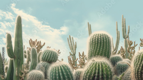 A cluster of cacti with prickly spines reaching towards the sky Generative AI photo