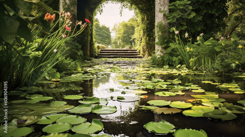 A serene pond covered in floating lily pads and surrounded by verdant foliage Generative AI