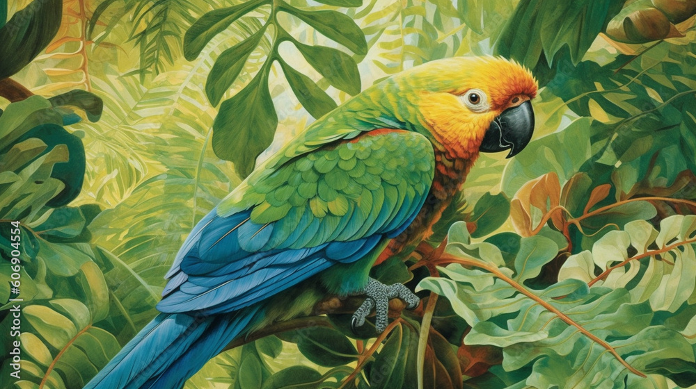Fototapeta premium A vibrant green parrot perched on a branch, surrounded by lush leaves Generative AI