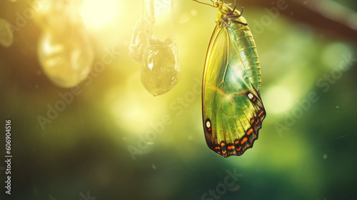 A close-up of a green chrysalis as a butterfly begins to emerge Generative AI photo
