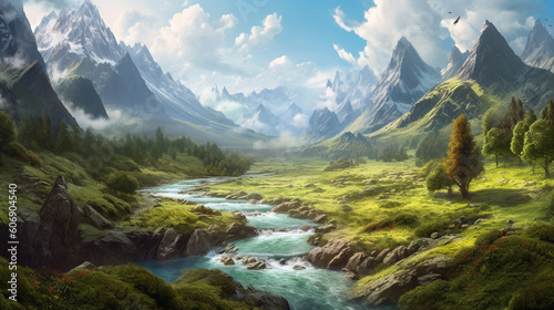 A serene river flowing through a green valley surrounded by towering mountains Generative AI