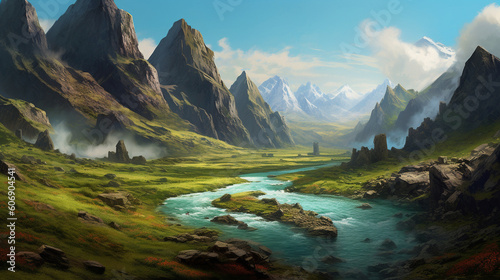 A serene river flowing through a green valley surrounded by towering mountains Generative AI