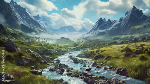 A serene river flowing through a green valley surrounded by towering mountains Generative AI © Наталья Евтехова