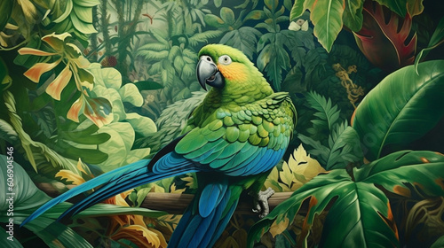 A vibrant green parrot perched on a branch, surrounded by lush leaves Generative AI