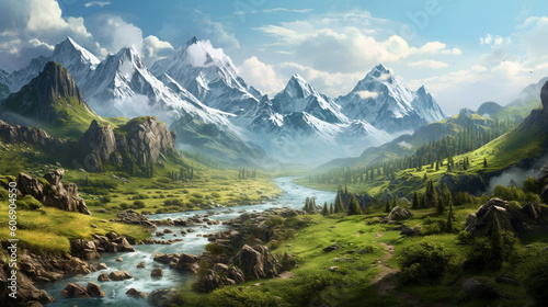 A serene river flowing through a green valley surrounded by towering mountains Generative AI © Наталья Евтехова