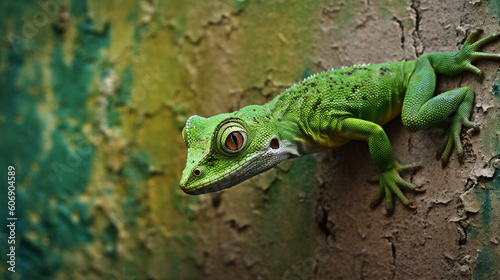 A close-up of a green gecko camouflaged against a textured wall Generative AI