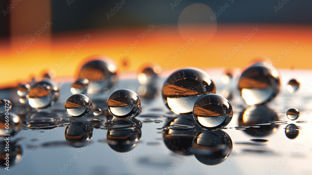 An abstract macro shot of water droplets on a reflective surface, creating a surreal dreamscape Generative AI An abstract macro shot of water droplets on a reflective surface, creating a surreal dreamscape Generative AI