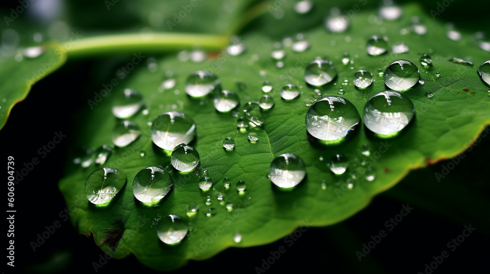 A cluster of water droplets on a green leaf, magnifying the world within each droplet Generative AI A cluster of water droplets on a green leaf, magnifying the world within each droplet Generative AI