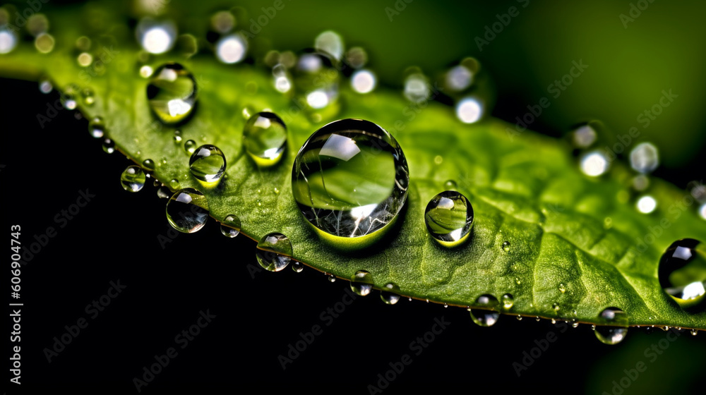 A cluster of water droplets on a green leaf, magnifying the world within each droplet Generative AI A cluster of water droplets on a green leaf, magnifying the world within each droplet Generative AI