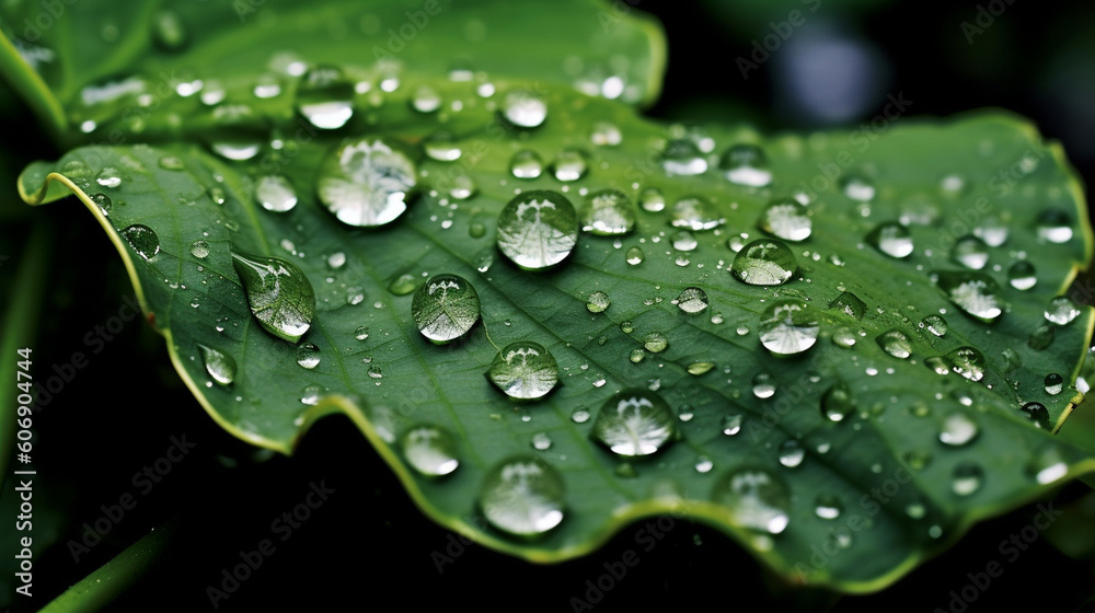 A cluster of water droplets on a green leaf, magnifying the world within each droplet Generative AI A cluster of water droplets on a green leaf, magnifying the world within each droplet Generative AI