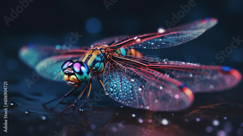 A close-up of water droplets on the wings of a dragonfly, showcasing its iridescent beauty Generative AI © Наталья Евтехова
