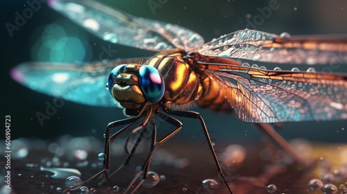 A close-up of water droplets on the wings of a dragonfly, showcasing its iridescent beauty Generative AI