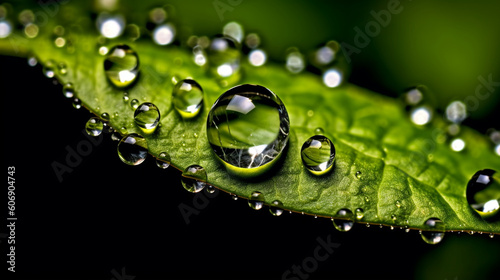 A cluster of water droplets on a green leaf, magnifying the world within each droplet Generative AI