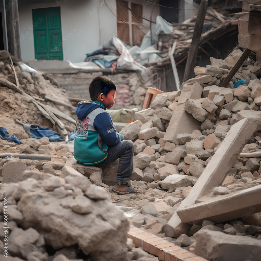 Heimatlose Kinder verzweifelt und einsam nach einem Bombeneinschlag nach der Katastrophe Heimatlose Kinder verzweifelt und einsam nach einem Bombeneinschlag nach der Katastrophe