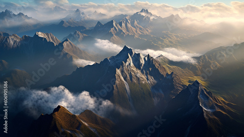 A breathtaking aerial view of clouds blanketing the valleys between towering mountain peaks Generative AI