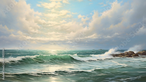 A tranquil seascape with gentle waves rolling beneath a sky adorned with wispy clouds Generative AI
