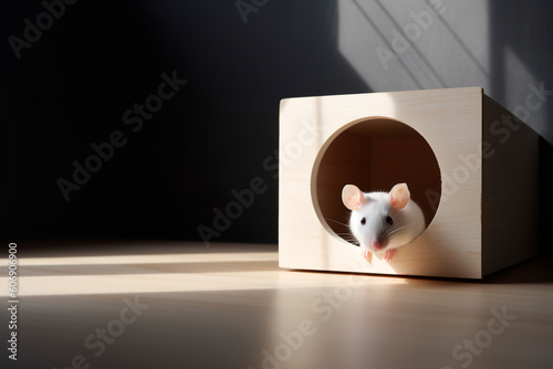 White pet rat looks out a wooden box. Cogitating, curious rodent animal. Generative AI