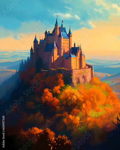 Illustration of beautiful view of Hohenzollern Castle in the Swabian Alps - Baden-Wurttemberg, Germany