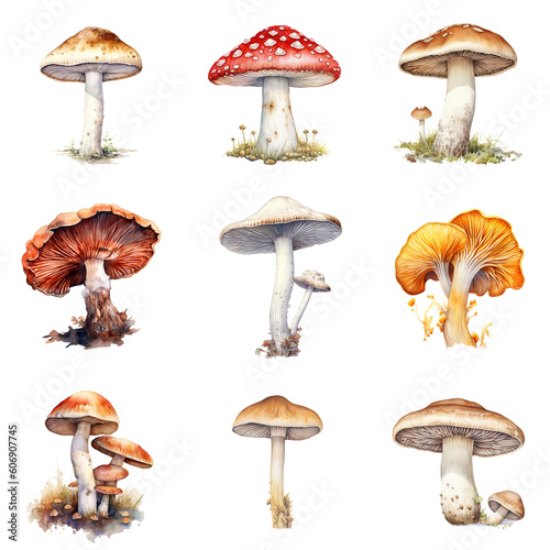 Mushrooms, watercolor illustration style, generative AI