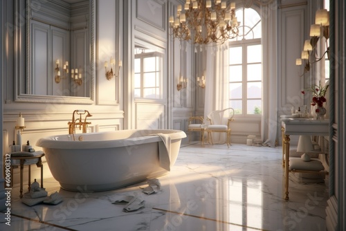 The classic large bathroom interior design with white marble colors and elegant white bathtub. Generative AI AIG27.